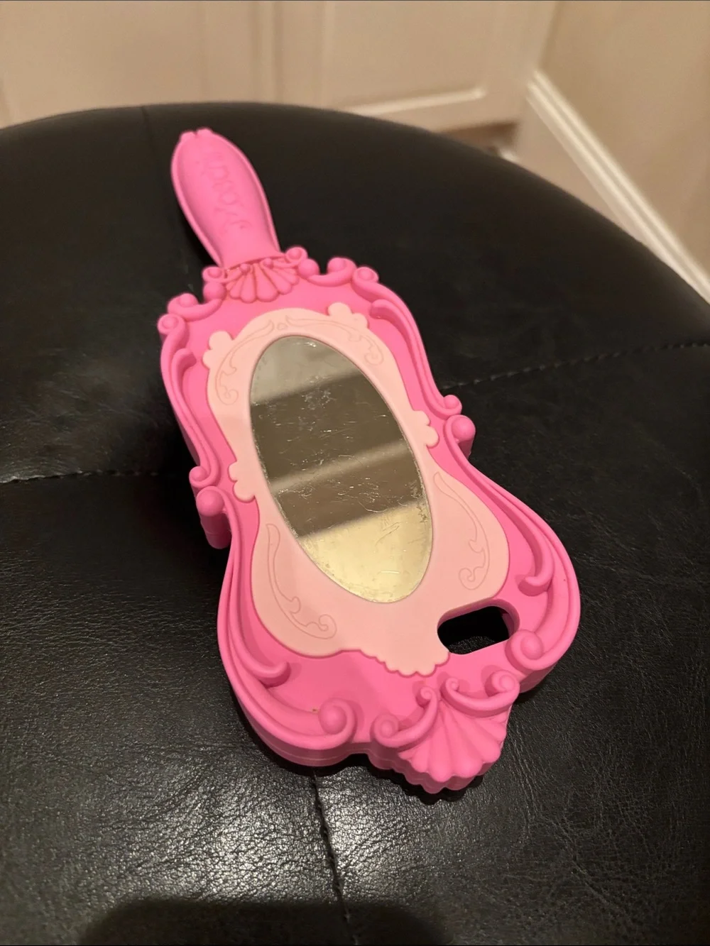 Moschino Barbie-themed pink silicone handheld mirror logo iPhone case